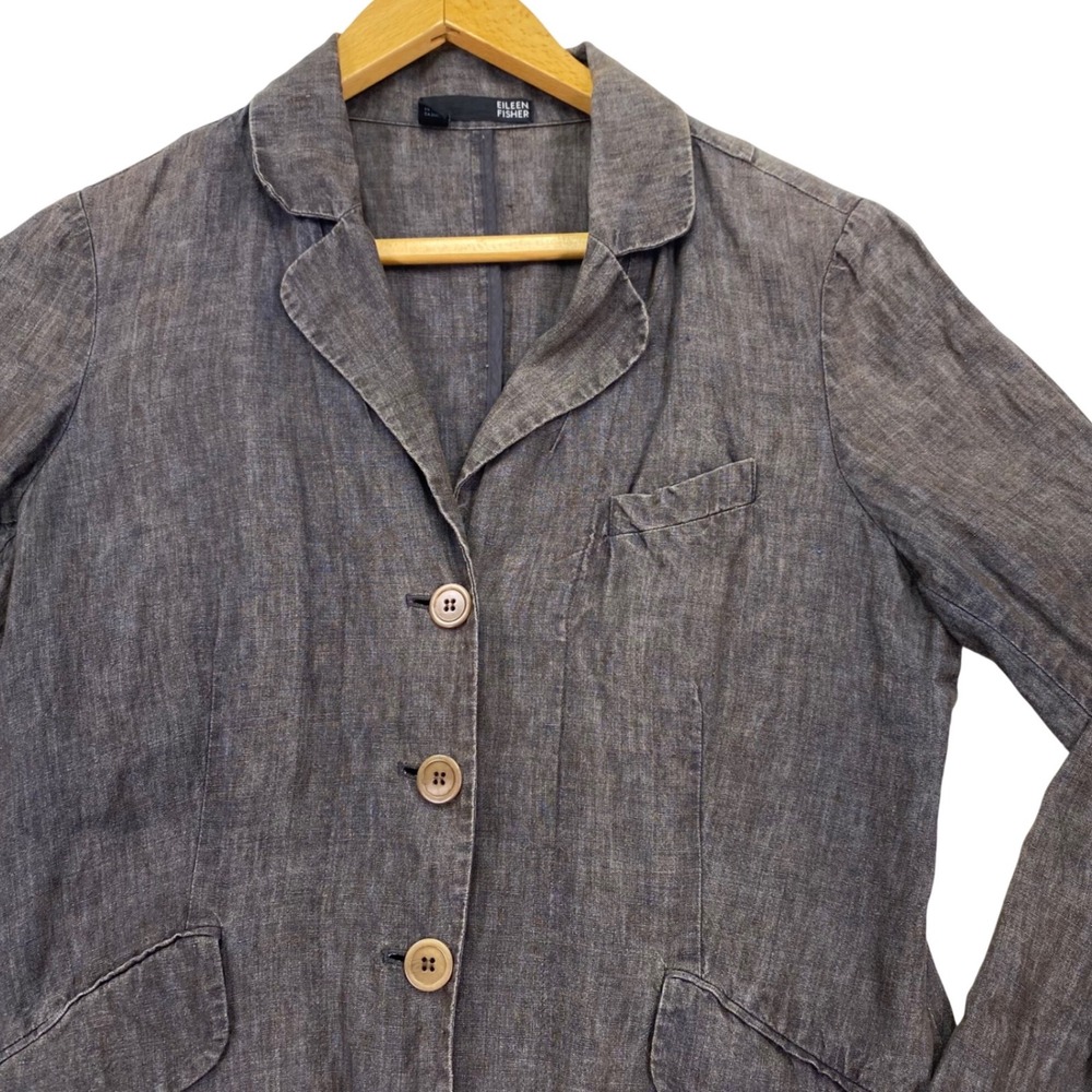 Eileen Fisher Rumpled Linen Delave Blazer Jacket Women 8 Linen Button Front